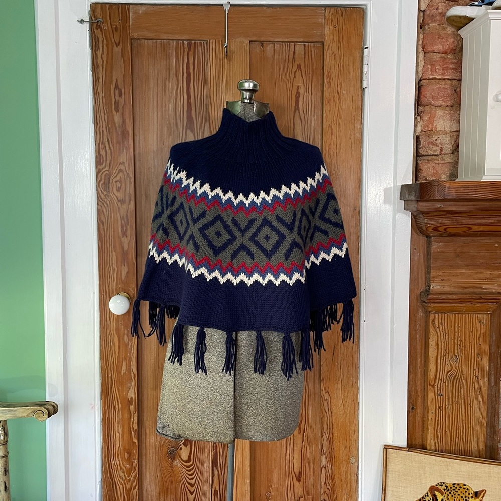 Vintage Wool Blend Argyle Poncho Wool Blend Boho Western Fringe - One Size - Picture 2 of 9